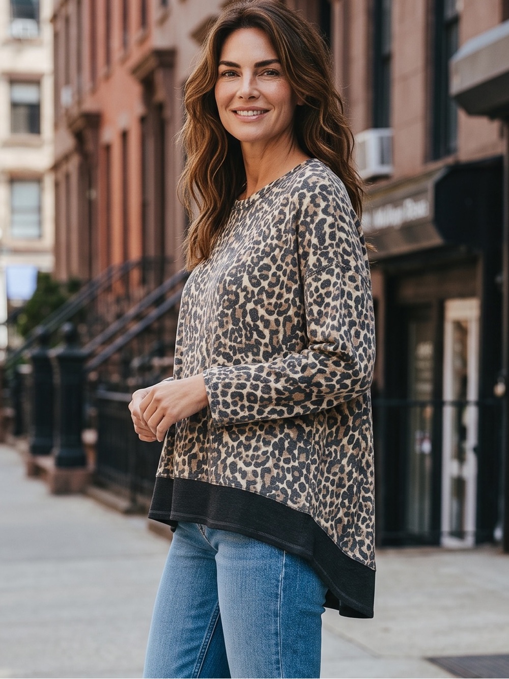Jodifl Leopard Print Contrasting Black Hem Crew Neck Long Sleeve Top Size Medium